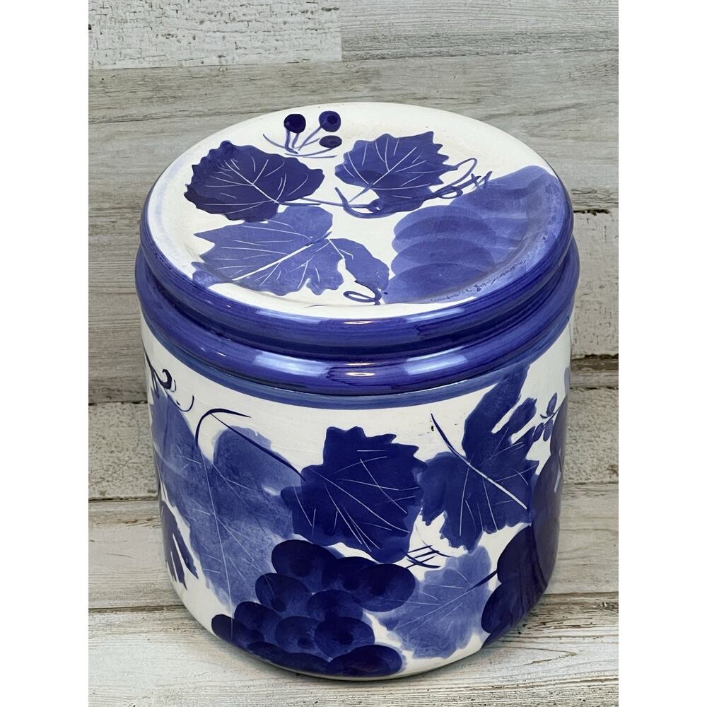 Blue + White Design Pac Canister Grapes and Leaves Pattern Hand Painted